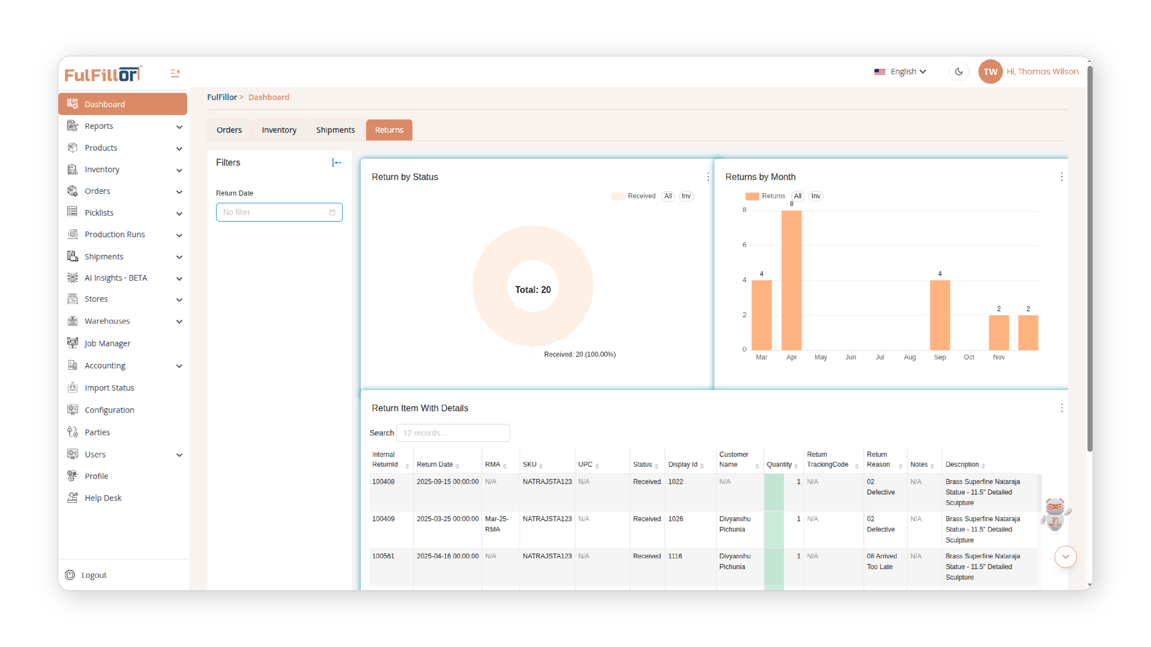 Fulfillor Return Dashboard